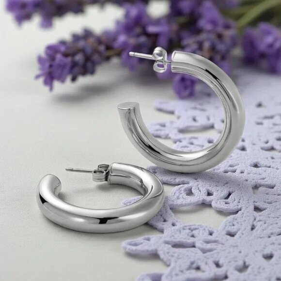 Chunky C Hoop Earrings 18K White Gold Plated Stainless Steel Minimalist - Picture 8 of 15